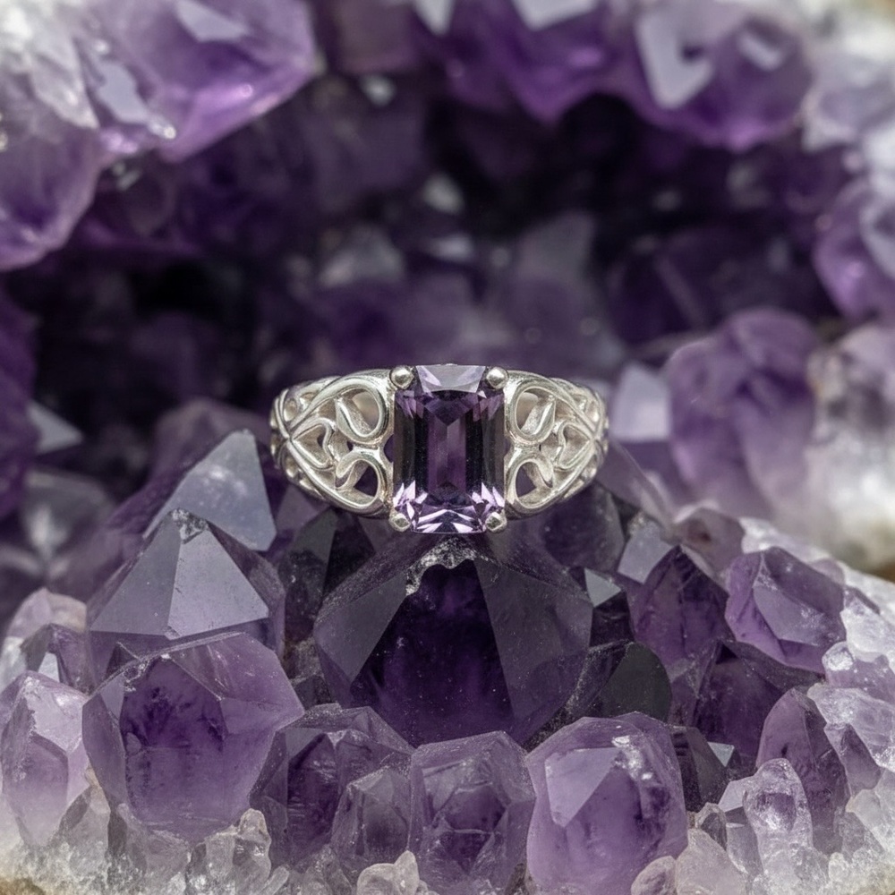 Sterling Silver Amethyst-Color Filigree Ring